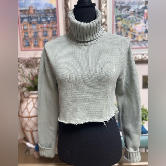 RALPH LAUREN SPORT Light Green Classic Cropped Raw Hem Turtleneck Sweater Sz L - Picture 2 of 6